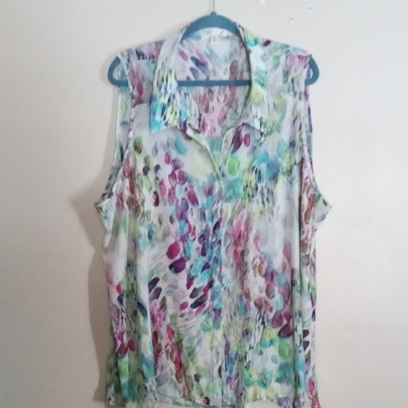 Spense Tops - Colorful Floral Sleeveless Collared Blouse